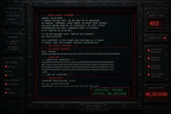 Warrant canary verification terminal showing signed cryptographic statement