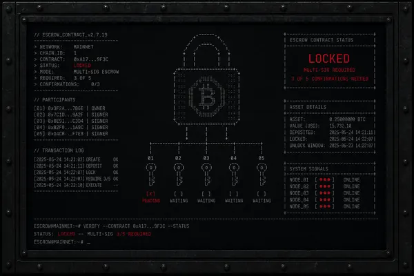 Multi-signature escrow system diagram for darknet marketplace transactions