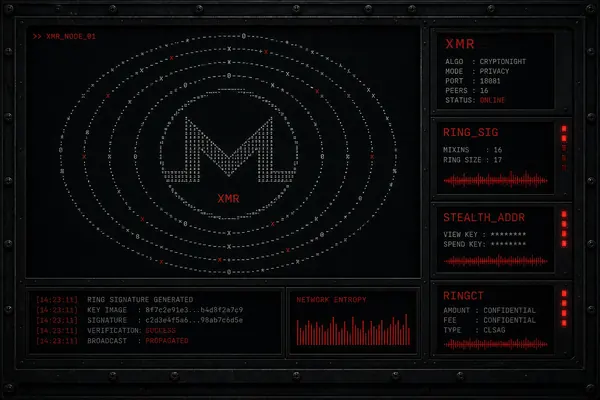 Monero XMR cryptocurrency privacy coin symbol with blockchain visualization