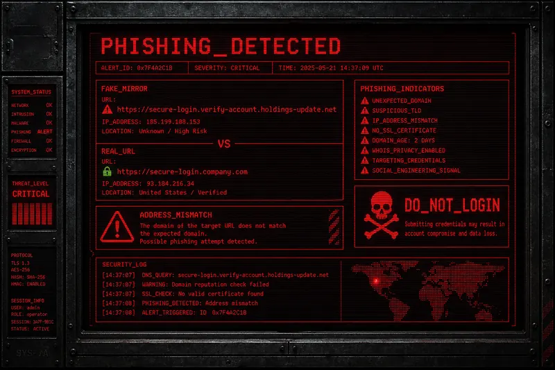 Phishing website warning alert on dark terminal screen