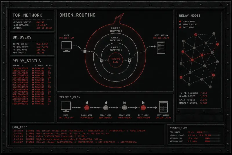 Tor network onion routing visualization dark metal style